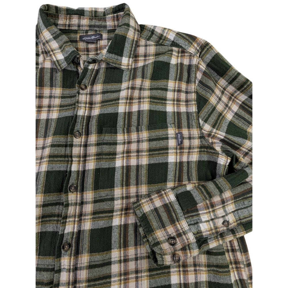 Eddie Bauer Flannel Shirt Mens L Green Plaid Long Sleeve Outdoor Cabin Cowboy